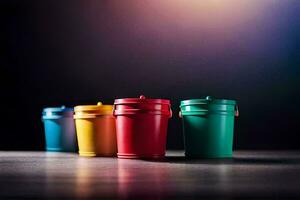 a row of colorful plastic buckets on a dark background. AI-Generated photo