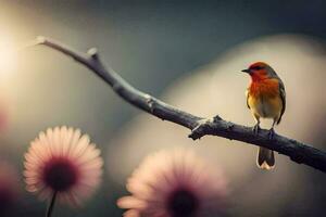 a red bird sits on a branch with pink flowers. AI-Generated photo