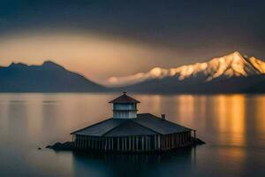 a lighthouse sits on the shore of a lake with mountains in the background. AI-Generated photo