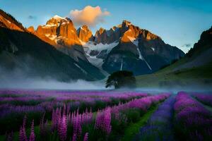 the mountains are covered in purple flowers and fog. AI-Generated photo