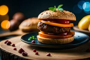 a hamburger with meat, cheese and vegetables on a plate. AI-Generated photo