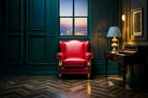 a red leather chair sits in front of a window with a city view. AI-Generated photo