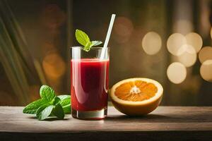 un vaso de jugo con menta hojas y un naranja. generado por ai foto