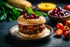 a hamburger with vegetables and berries on a plate. AI-Generated photo