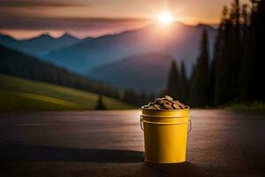 a bucket of nuts on the road at sunset. AI-Generated photo