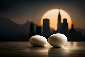 two eggs on a table in front of a city skyline. AI-Generated photo