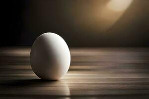 un huevo sentado en un de madera mesa con un brillante ligero. generado por ai foto