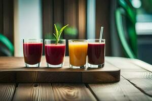 five different juices on a wooden tray. AI-Generated photo