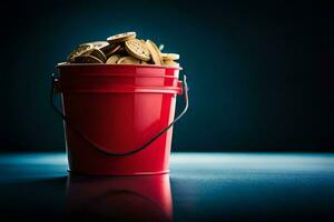 a red bucket filled with coins on a dark background. AI-Generated photo