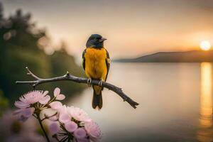 un pájaro se sienta en un rama cerca un lago a puesta de sol. generado por ai foto