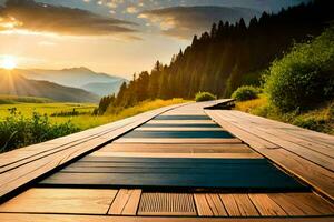 a wooden walkway leads to the sun in the mountains. AI-Generated photo