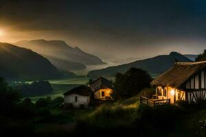 photo wallpaper the sky, mountains, house, light, the sun, the mountains, the house. AI-Generated