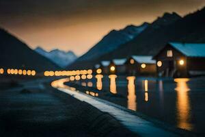 a long road with lights on it in the mountains. AI-Generated photo