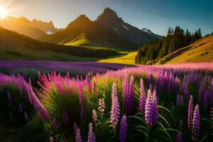 the sun rises over the mountains and the lupine flowers. AI-Generated photo