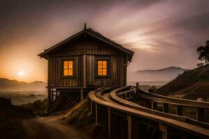 a wooden house sits on top of a hill at sunset. AI-Generated photo