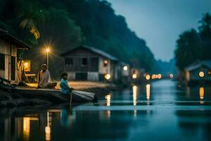 two people sit on a boat in the water at night. AI-Generated photo