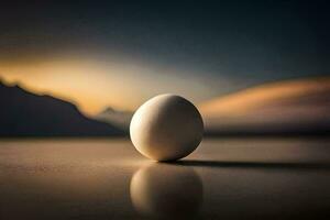 a single egg sitting on a table in front of a mountain. AI-Generated photo