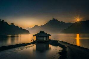 a small hut sits on the shore of a lake at sunset. AI-Generated photo