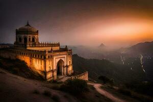 el puesta de sol terminado el cima de la colina mezquita en India. generado por ai foto