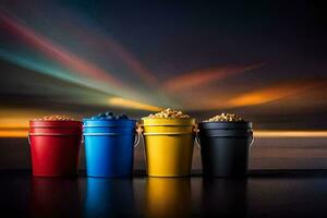 three colorful buckets with a rainbow light behind them. AI-Generated photo