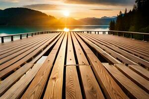 a wooden dock with the sun setting over a lake. AI-Generated photo