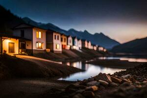 photo wallpaper the sky, mountains, water, houses, the dark, the night, the mountains. AI-Generated