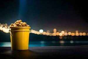 a bucket of popcorn on a table in front of a city. AI-Generated photo