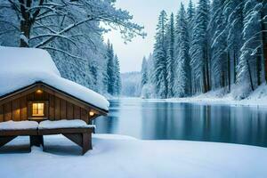 a cabin sits on the shore of a lake covered in snow. AI-Generated photo