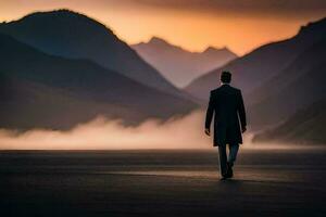 a man in a suit walks across a field at sunset. AI-Generated photo