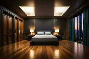 a bedroom with dark wood floors and a bed. AI-Generated photo