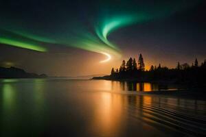 el Aurora borealis terminado el lago. generado por ai foto