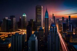 el ciudad horizonte a noche con tráfico luces. generado por ai foto