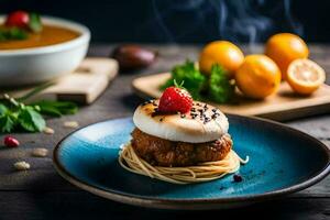 a plate with spaghetti and a dessert on it. AI-Generated photo