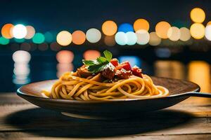 a plate of spaghetti with tomato sauce and meat on a wooden table in front of the night sky. AI-Generated photo