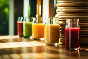 un fila de diferente de colores jugos en vaso botellas generado por ai foto