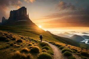 the man is walking on the path in the mountains. AI-Generated photo