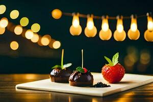 chocolate covered strawberries and strawberries on a wooden board. AI-Generated photo