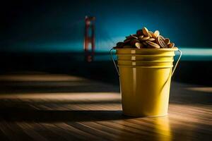 un Cubeta de nueces en un mesa en frente de un dorado portón puente. generado por ai foto