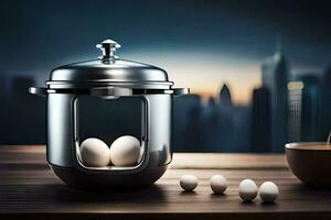 eggs in a glass container on a table with cityscape in the background. AI-Generated photo