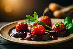 chocolate covered strawberries on a plate. AI-Generated photo