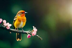 a bird sits on a branch with pink flowers. AI-Generated photo