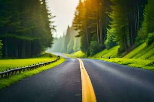 un largo la carretera en el bosque. generado por ai foto