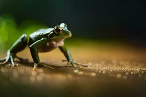 a frog is standing on the ground with a blurry background. AI-Generated photo