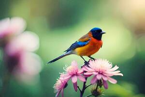 a colorful bird is perched on top of a flower. AI-Generated photo