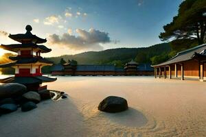 a japanese pagoda in the sand with rocks and water. AI-Generated photo