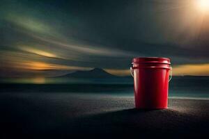 un rojo Cubeta sentado en el playa a noche. generado por ai foto