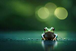 a frog sitting on the ground with a green background. AI-Generated photo