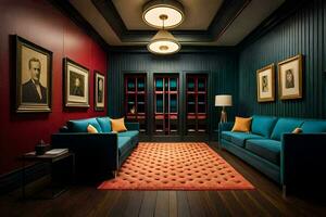 a room with blue couches and red walls. AI-Generated photo