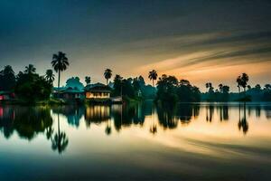 a lake with palm trees and a house in the background. AI-Generated photo