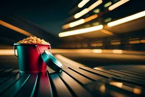 a bucket of popcorn sitting on a table in front of a city. AI-Generated photo